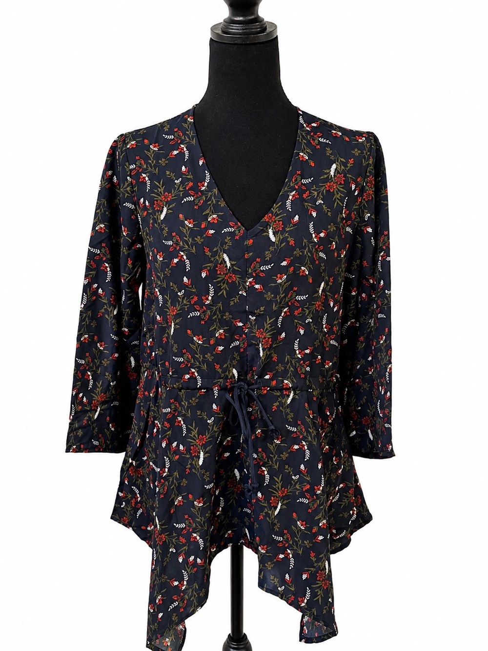 Kate & Mallory Navy Floral V-Neck Drawstring Tunic